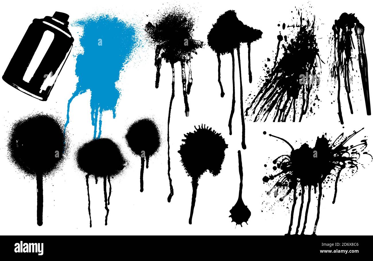 Set of stains made with spray and brush. Spilled paint, dripping. Vector Stock Vector