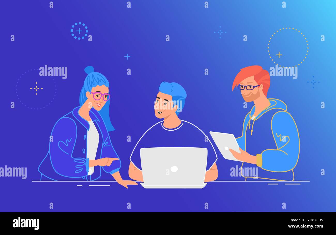 Three guys working as a team on a new project or startup Stock Vector