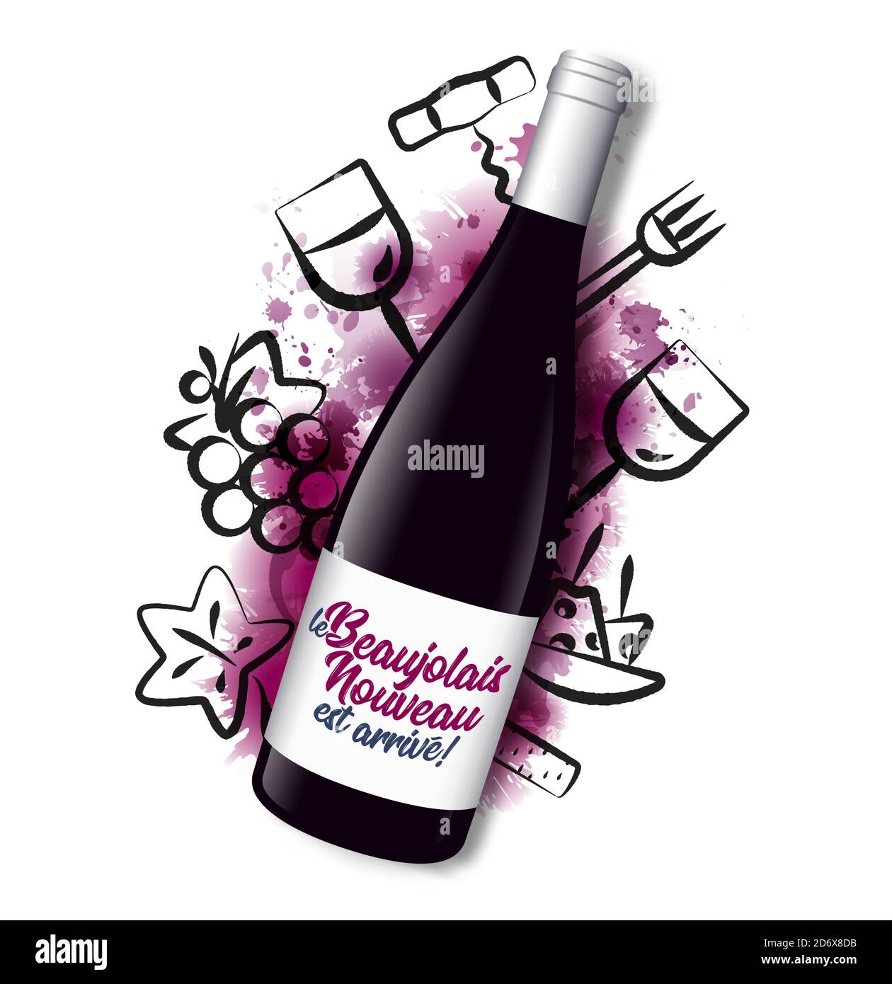 Realistic illustration of a wine bottle with the text in French 'le Beaujolais Nouveau est arrivé', the new Beaujolais has arrived. In the background Stock Vector