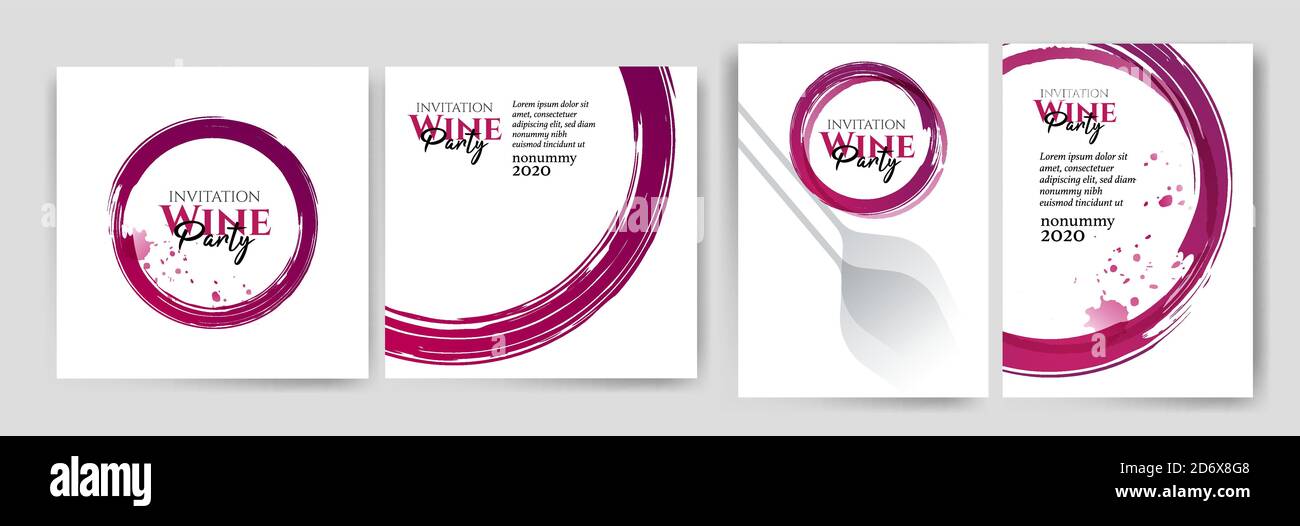 Collection of templates with wine designs. Wine glass marks, red strokes on white background. Brochure, poster, invitation card, promotion banner, men Stock Vector