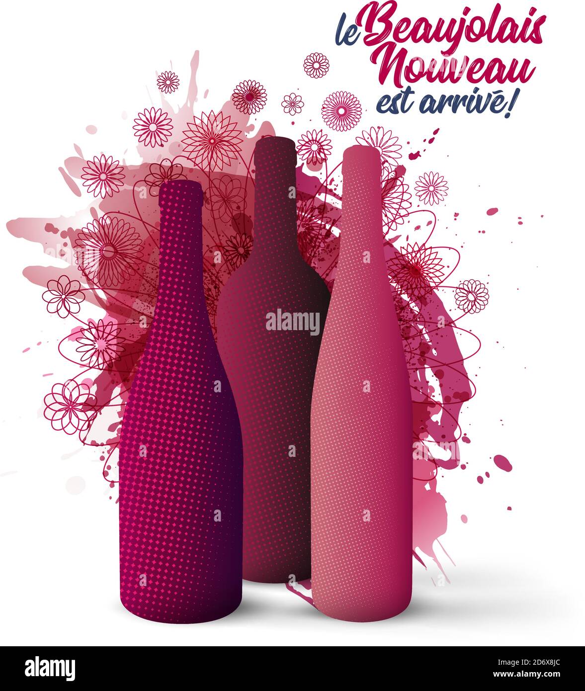 Illustration with volume of wine bottles. text in French 'le Beaujolais Nouveau est arrivé', the new Beaujolais has arrived. background wine stains an Stock Vector