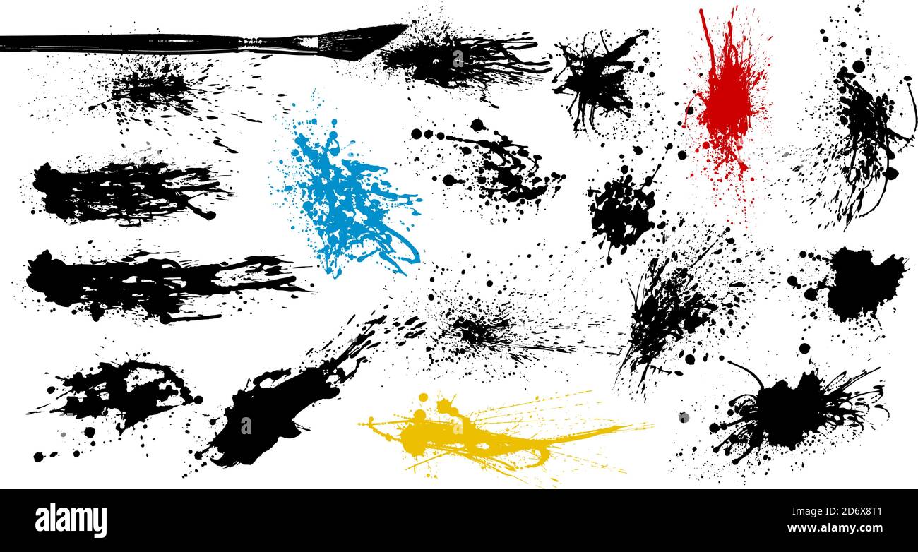 Collection of ink stains and splashes. Hand painted with brush. Drops, spilled liquid. Artistic strokes. Vector illustration Stock Vector