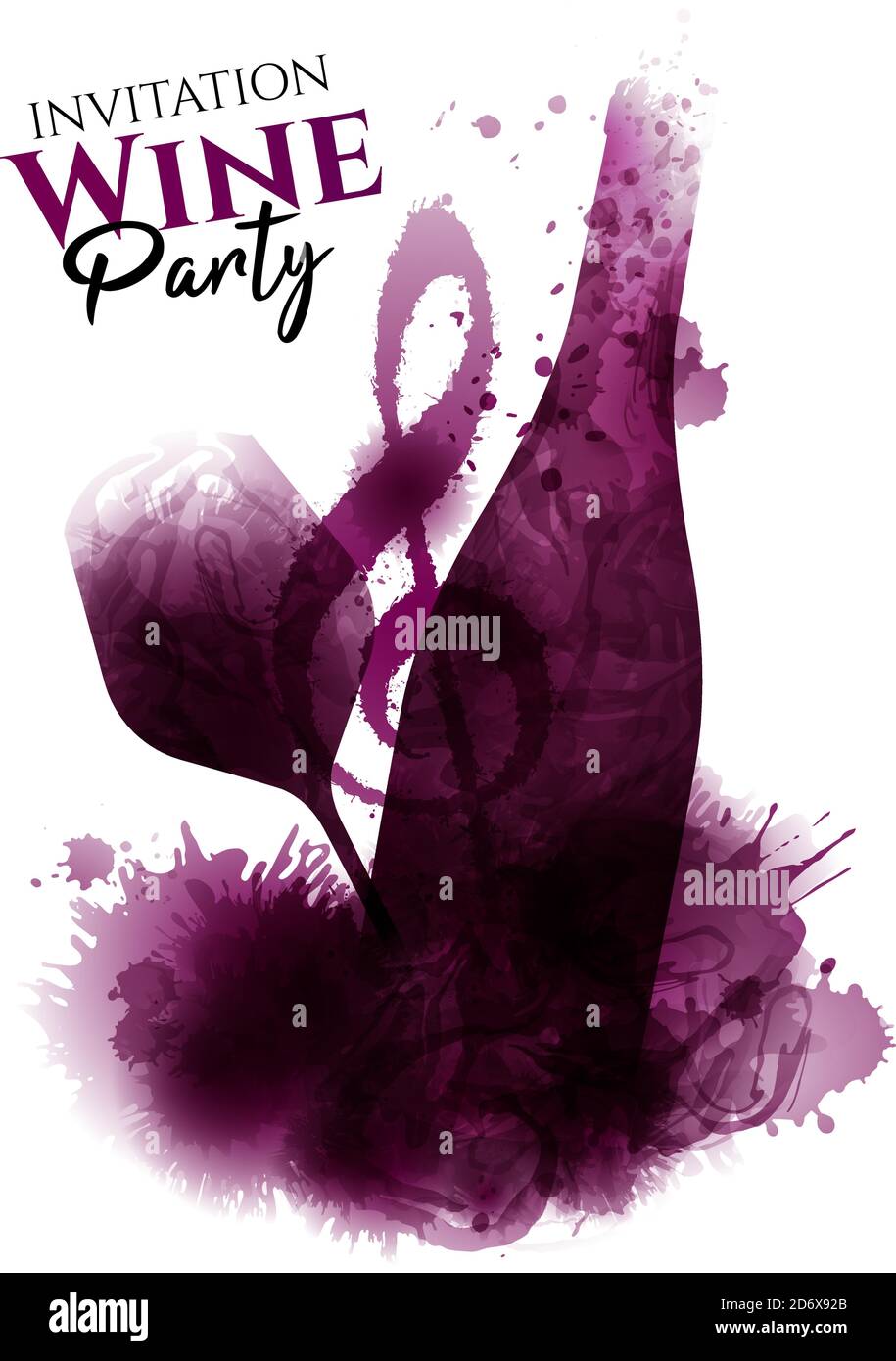 Wine bottle illustration, wine glass and music symbol. Artistic illustration with red wine stains in the background. Poster, cover, ad, flyer, present Stock Vector