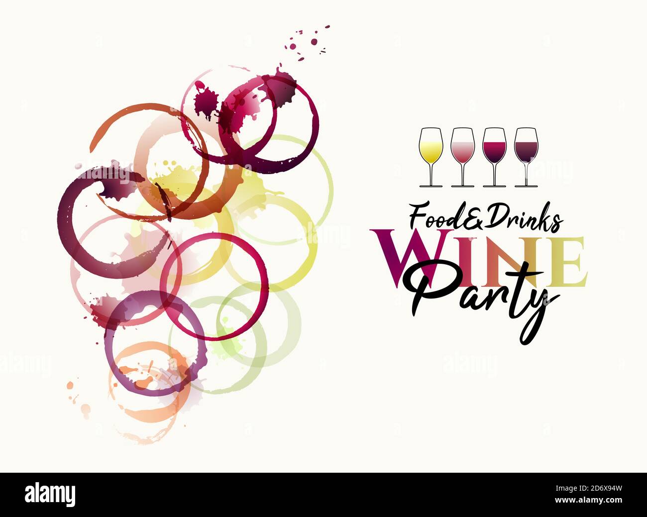 manchas de vino y marcas circulares de copas de vino.  Abstract illustration of grape cluster with different colored stains of pink, white and red win Stock Vector