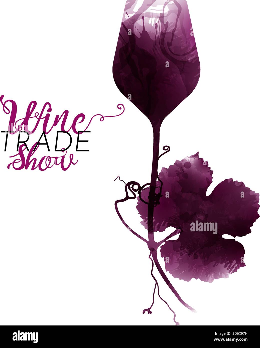 illustration of wine glass and vine leaf with tendrils Artistic illustration with red wine stains.  Poster, cover, advertisement, flyer, presentation, Stock Vector