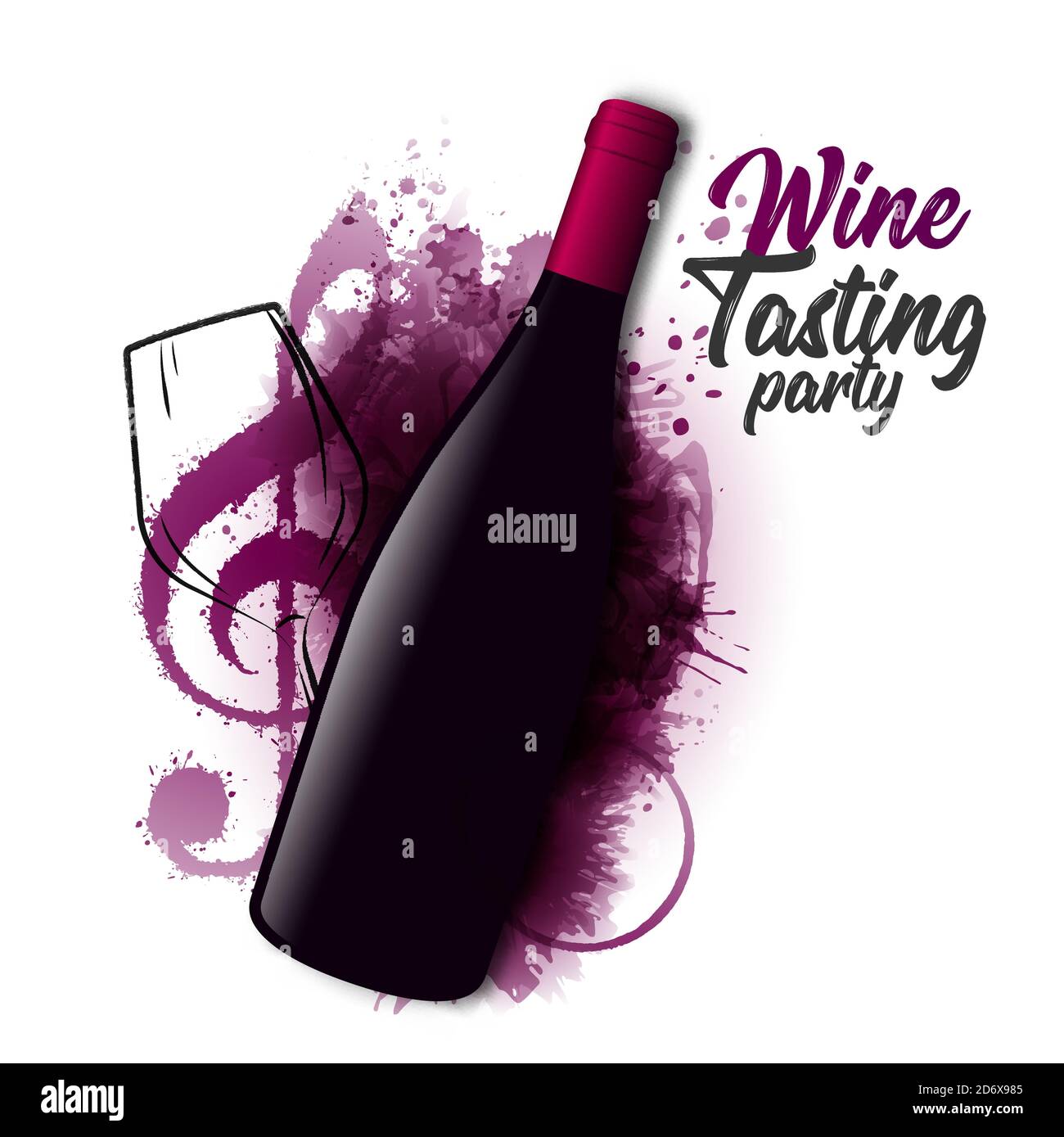 three-dimensional bottle illustration, wine glass and music symbol. Artistic illustration with red wine stains in the background. Poster, cover, ad, f Stock Vector