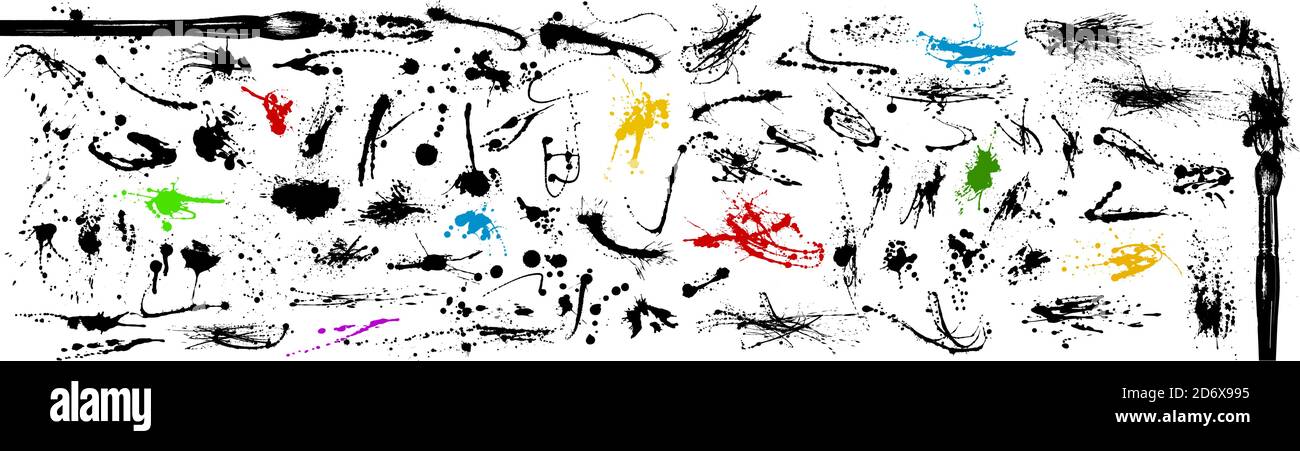 Large collection of ink stains and splashes. Hand painted with brush. Drops, spilled liquid. Artistic strokes. Vector illustration Stock Vector