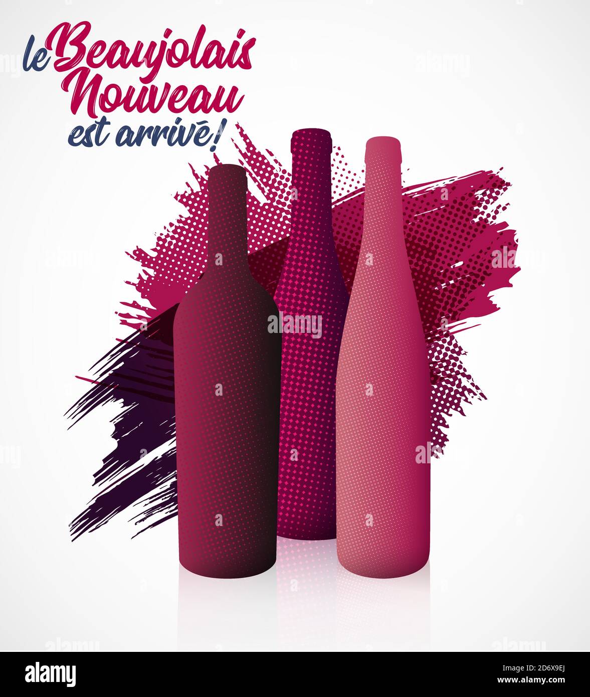 Illustration with volume of wine bottles. text in French 'le Beaujolais Nouveau est arrivé', the new Beaujolais has arrived. Illustration for wine eve Stock Vector