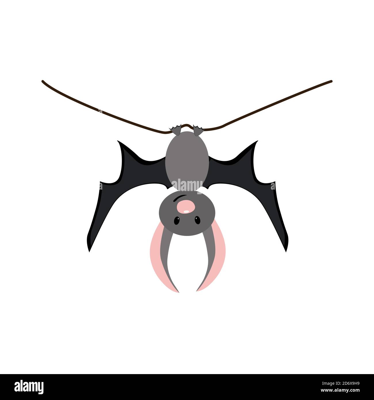 A Bat hangs upside down on a branch. Cartoon. Isolated on a white