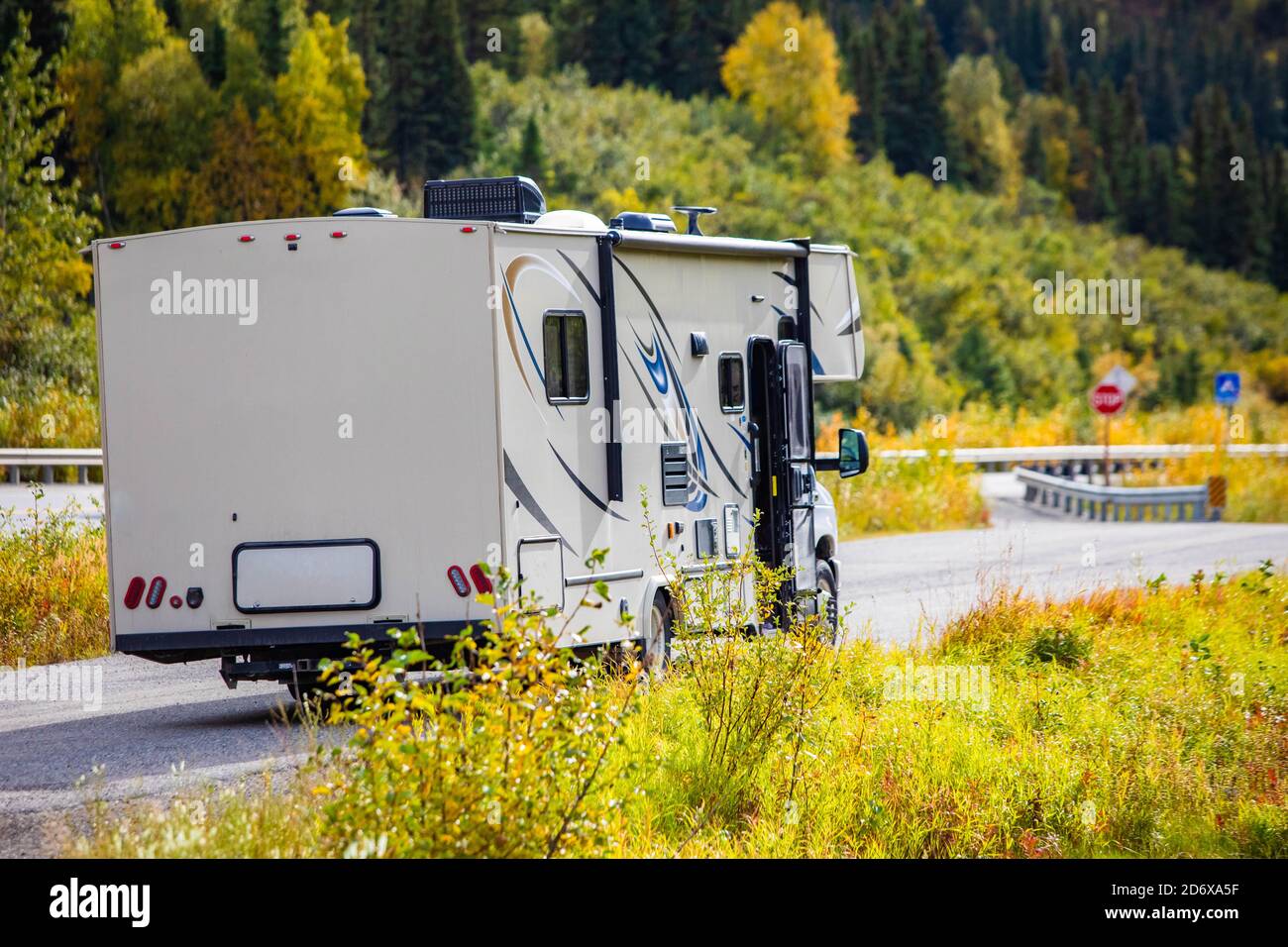 Large RV truck on a journey perfect family transportation in fall Stock Photo