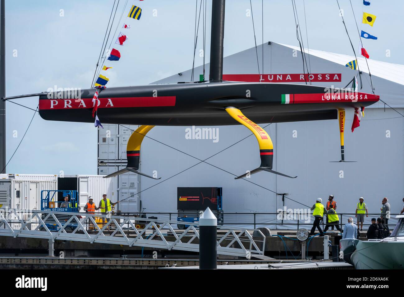 America's Cup team Luna Rossa Prada Pirelli Team christen and launch their second AC75 at their Base in Aucklands Viaduct Harbour.20/10/2020 Stock Photo