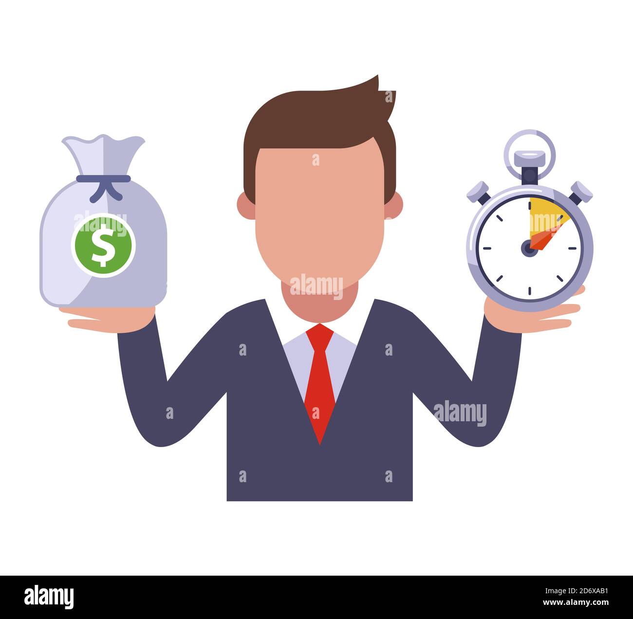 a man in a business suit holds money in one hand, and in the other time. flat vector character illustration. Stock Vector