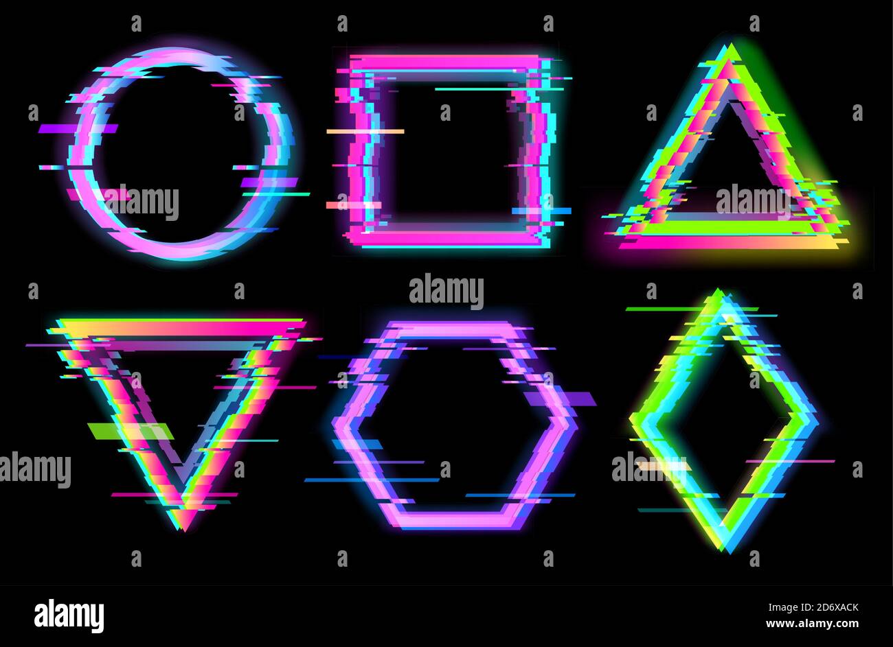 Colorful glitch geometric shapes, frames set with neon effect Stock Vector