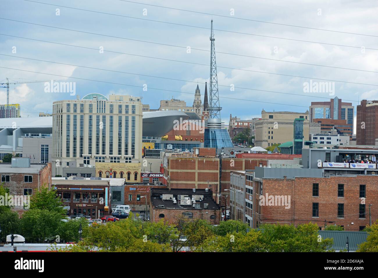 Nashville modern city skyline and Bridgestone Arena on historical