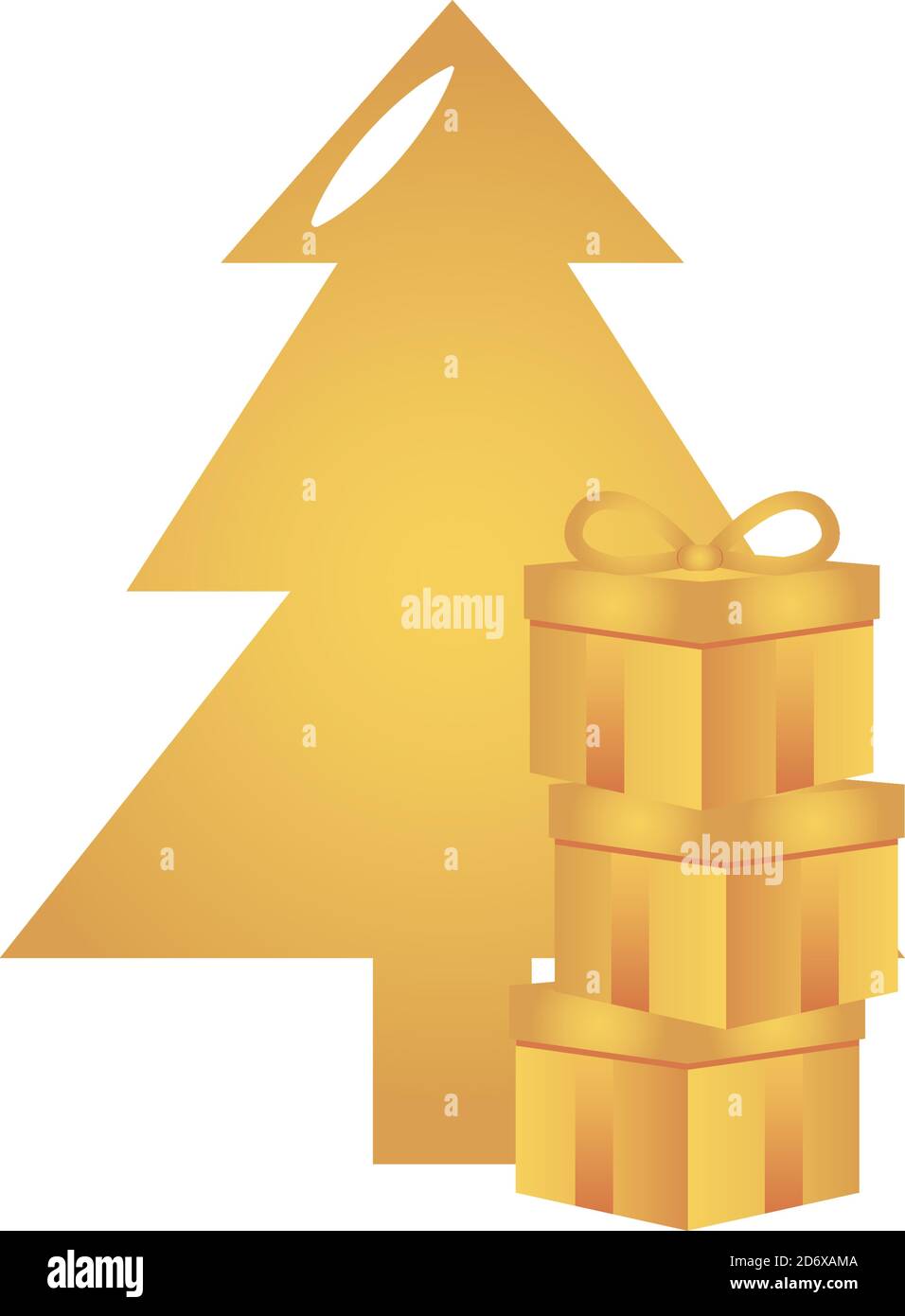 christmas tree and stack of gift boxes over white background, flat