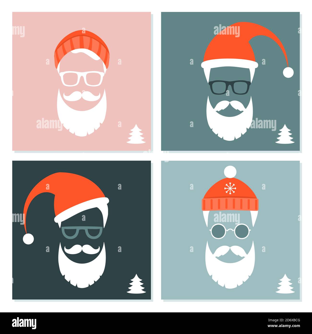 Set of faces with Santa hats, mustache and beards. Various doodles Christmas Santa design elements. Holiday icons Stock Vector
