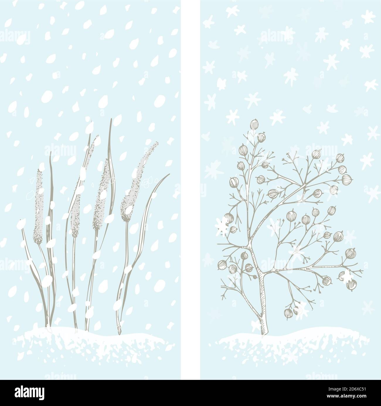 Set christmas new year card with berries and dried grass Winter plants isolated on blue snow background. Hand-drawn vintage sketch botanical art Stock Vector