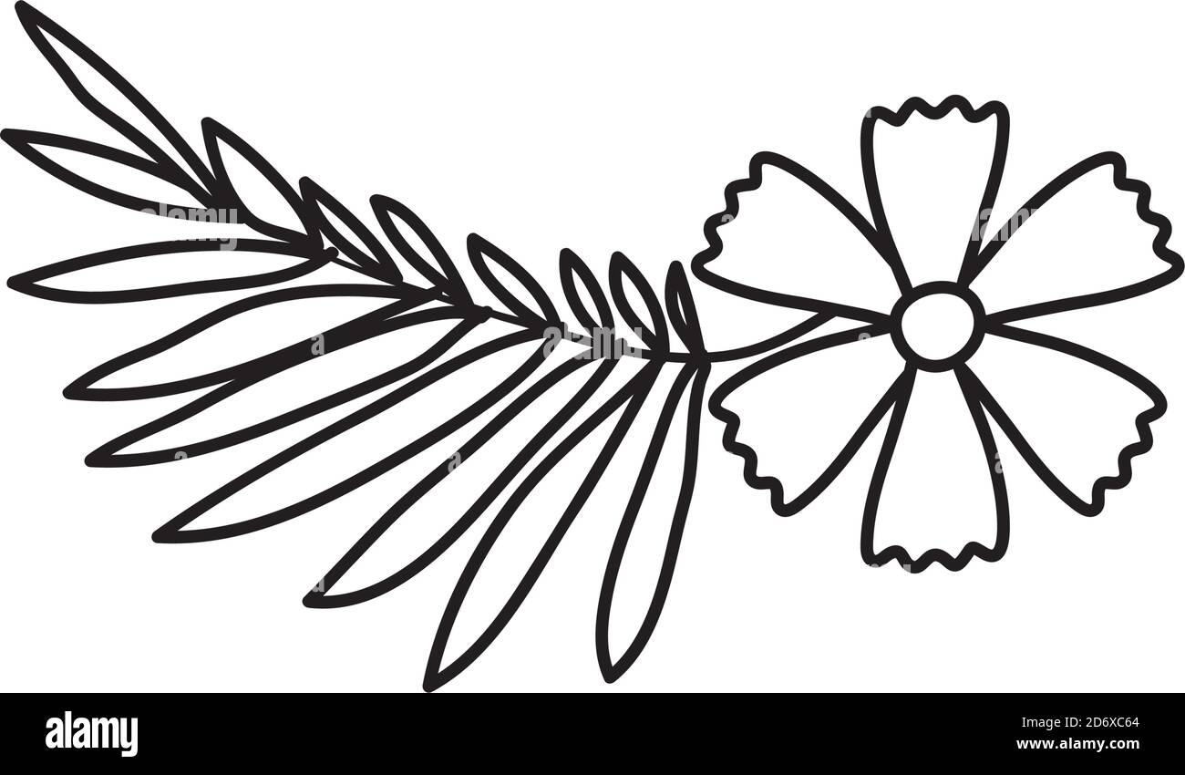 tropical leaf and flower icon over white background, line style, vector ...