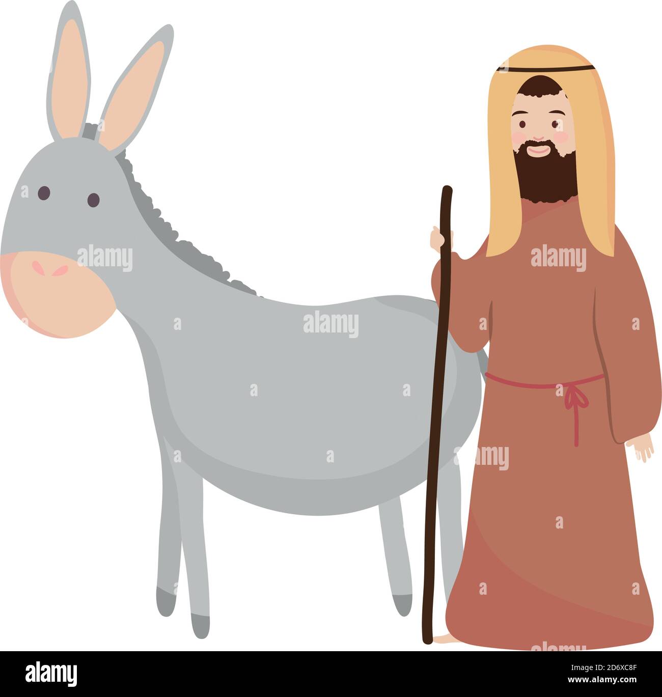 Nativity scene, Cartoon Joseph and donkey over white background, flat