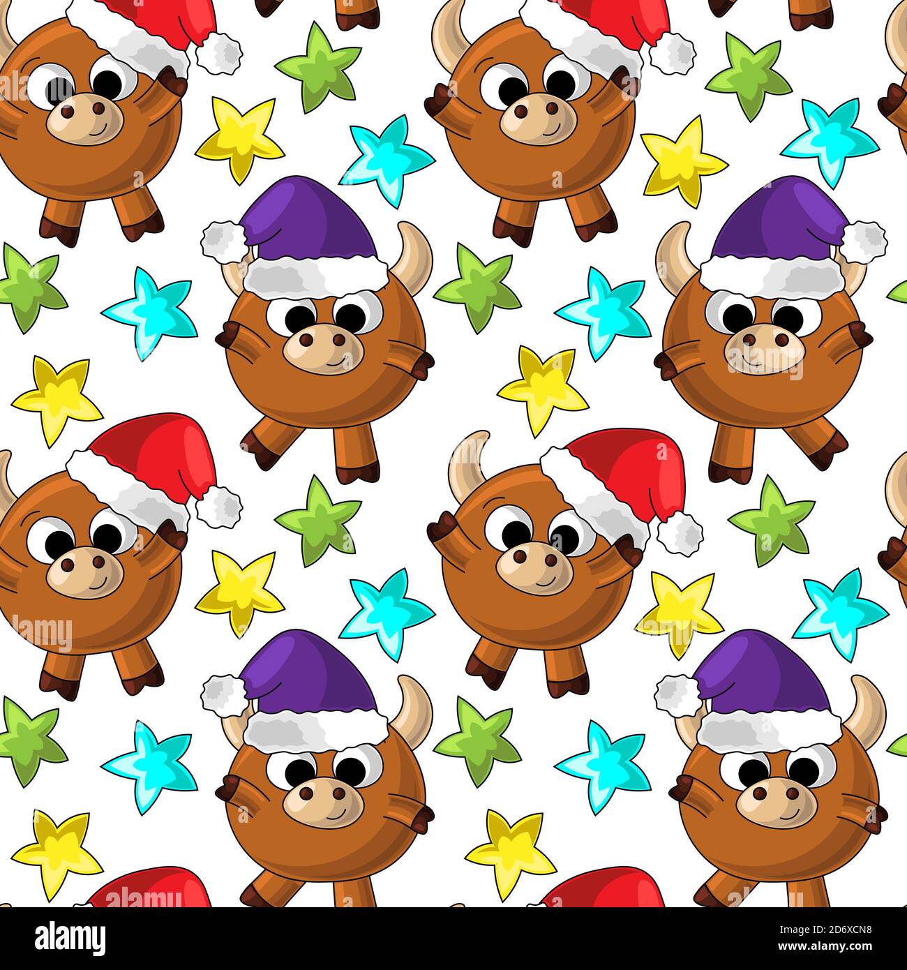 Seamless vector pattern with new year bulls and stars Stock Vector