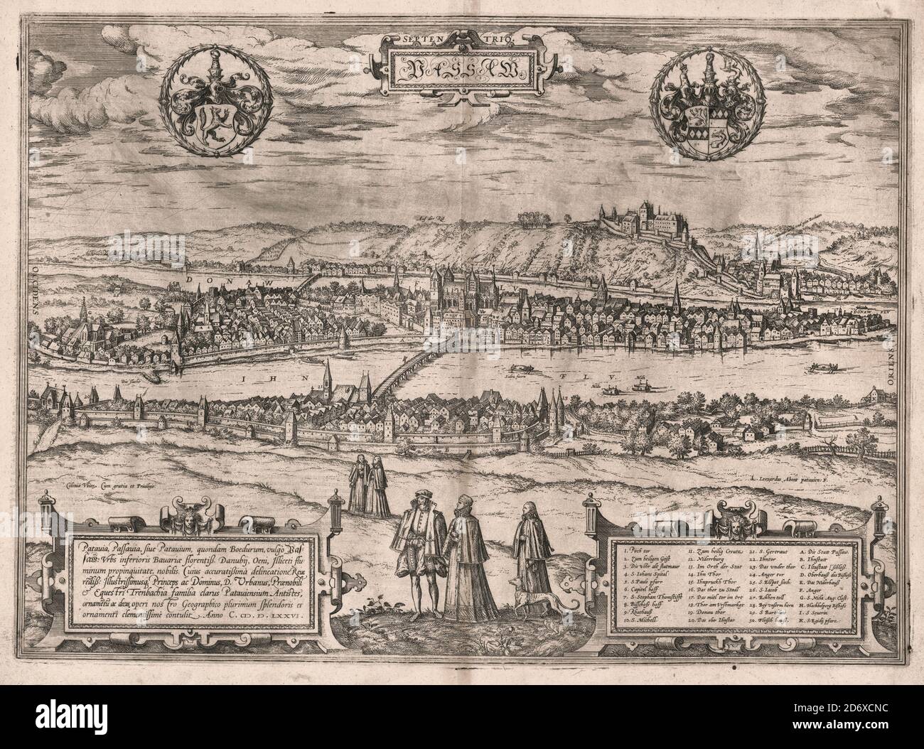 Print shows a bird's-eye view of Passau from the south with the Inn River in the foreground and the Danube River in the background; also shows a man and a woman walking at bottom center with another woman and a dog behind, and two women nearby, city walls along the southern bank of the Inn River, which is spanned at center by a long wooden bridge. Includes two circular heraldic devices at top left and top right. On the lower right corner is a key that correspondes to numbered and lettered features on the print. Stock Photo