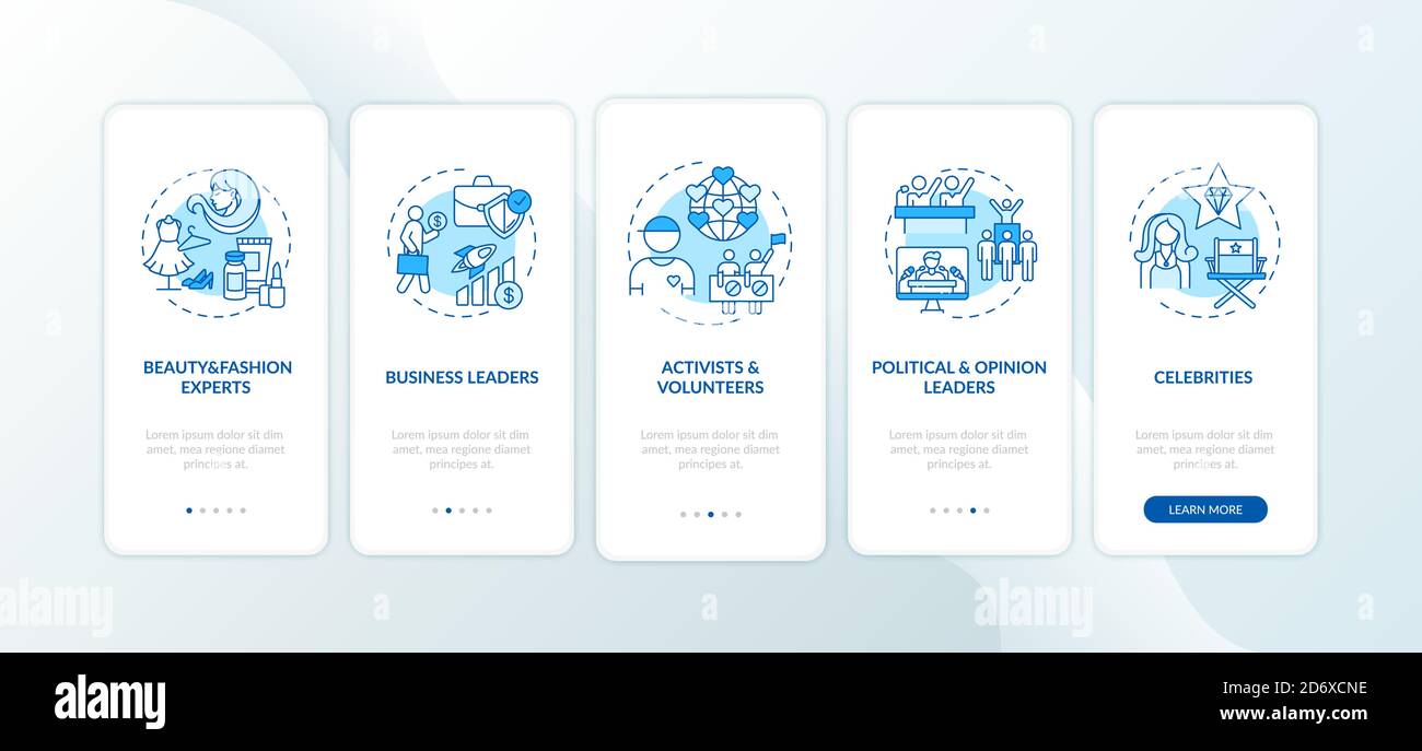 Influencers types onboarding mobile app page screen with concepts Stock Vector