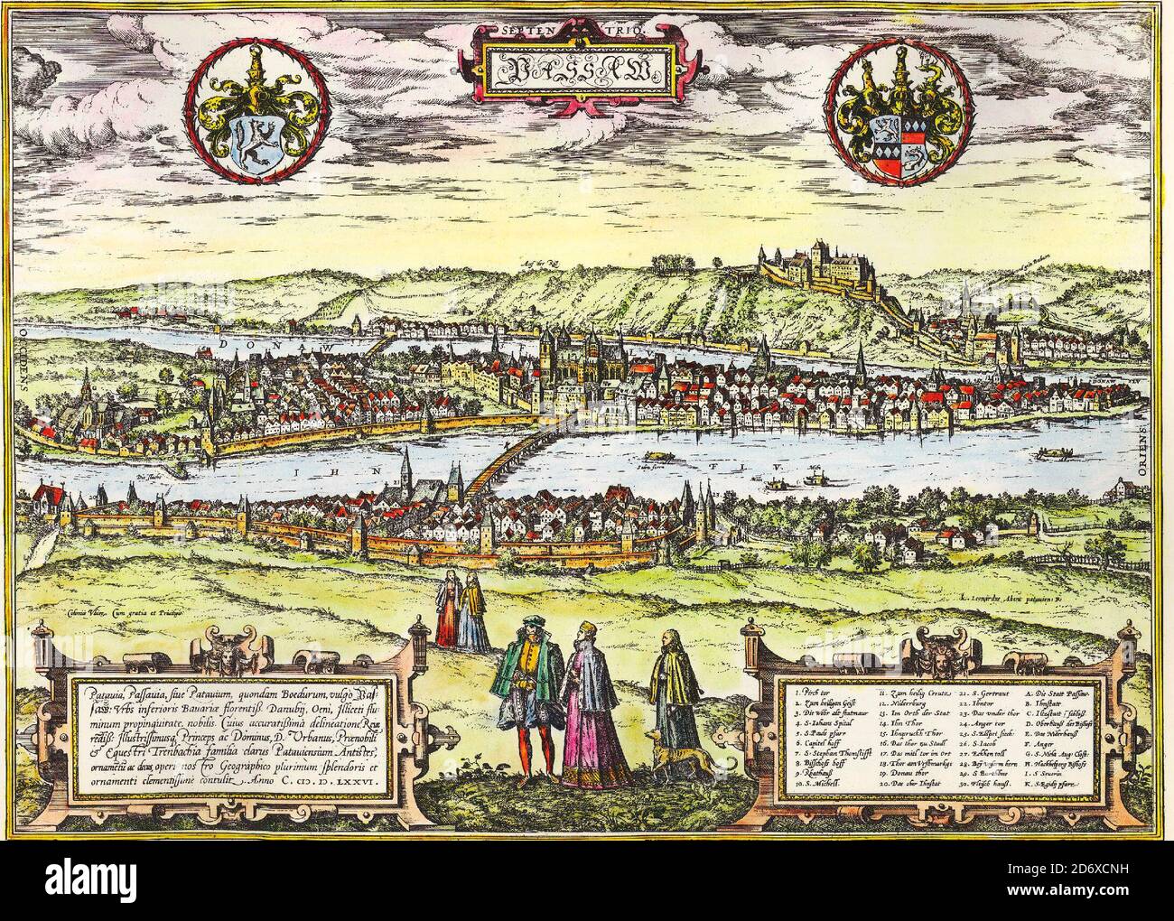 Historical sight of the German town of Passau by Georg Braun and Franz Hogenberg (between 1572 and 1618) Stock Photo
