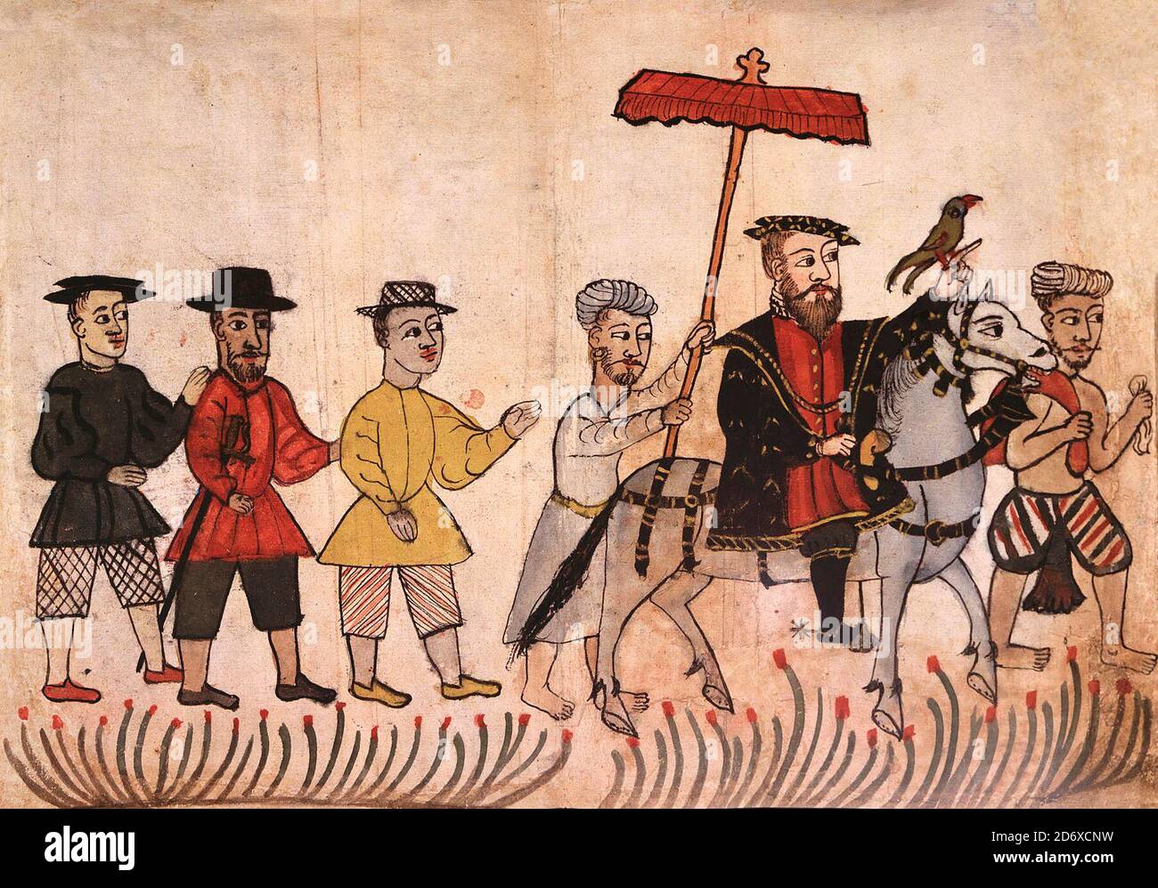 Anonymous Portuguese watercolour illustration from the Codice Casanatense, depicting a Portuguese nobleman in India with his entourage, circa 1540 Stock Photo