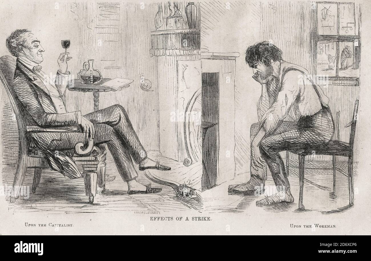 An 1850s Anti-Union Political Cartoon showing that the one who suffers in a strike is the workman, not the capitalist Stock Photo