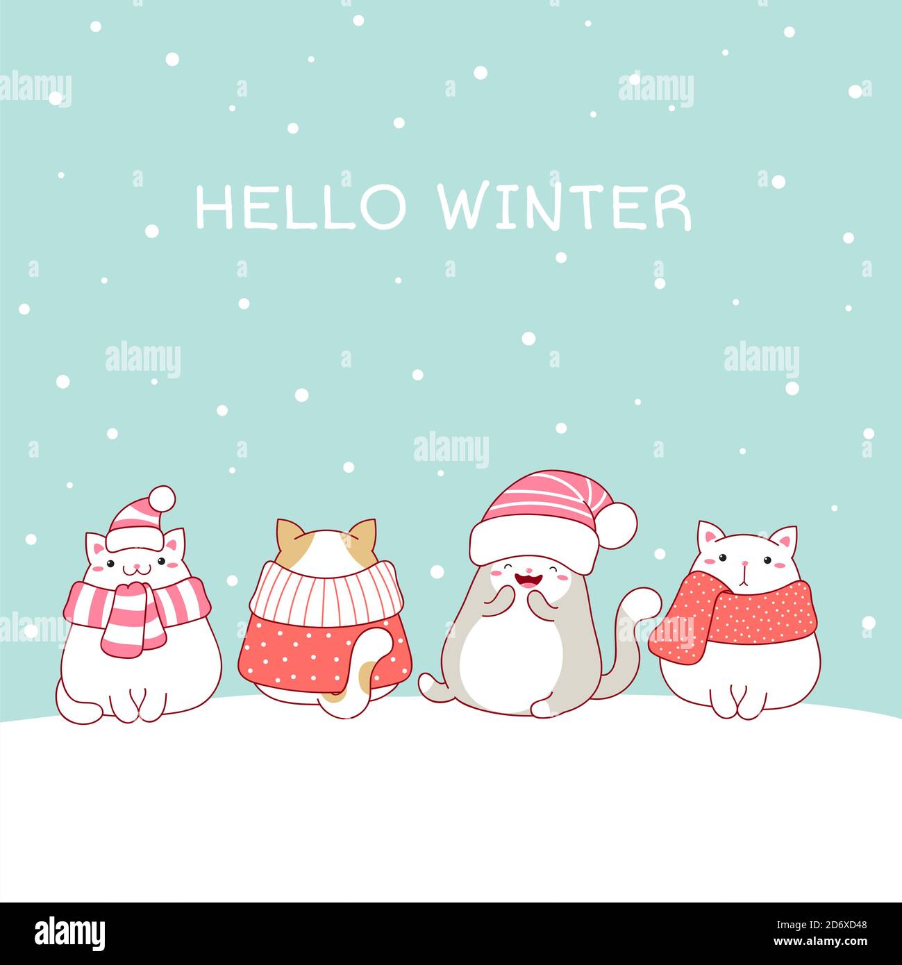 Hello Winter Christmas Greeting Card With Four Cute Fat Cats In Scarves And Hats Four Lovely Cats In Kawaii Style On Snow Vector Eps8 Stock Vector Image Art Alamy