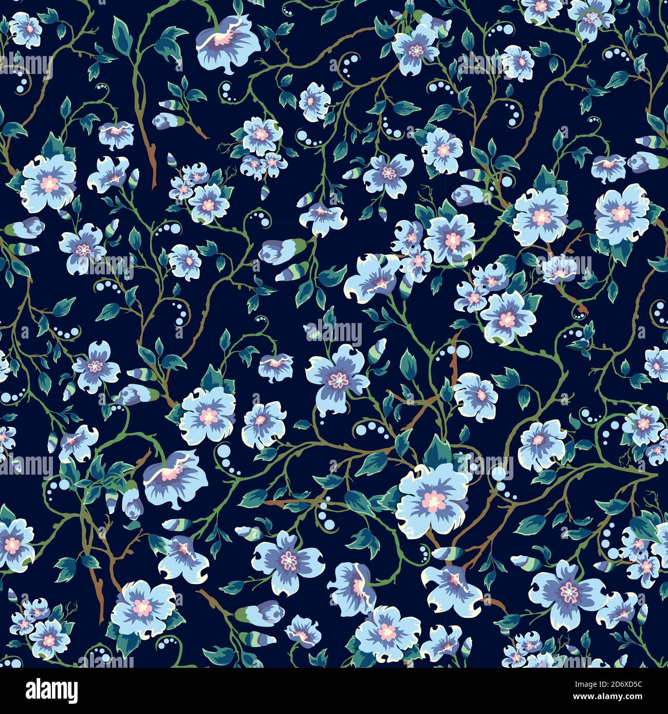 Childrens pattern flowers. Seamless floral pattern on a dark blue ...