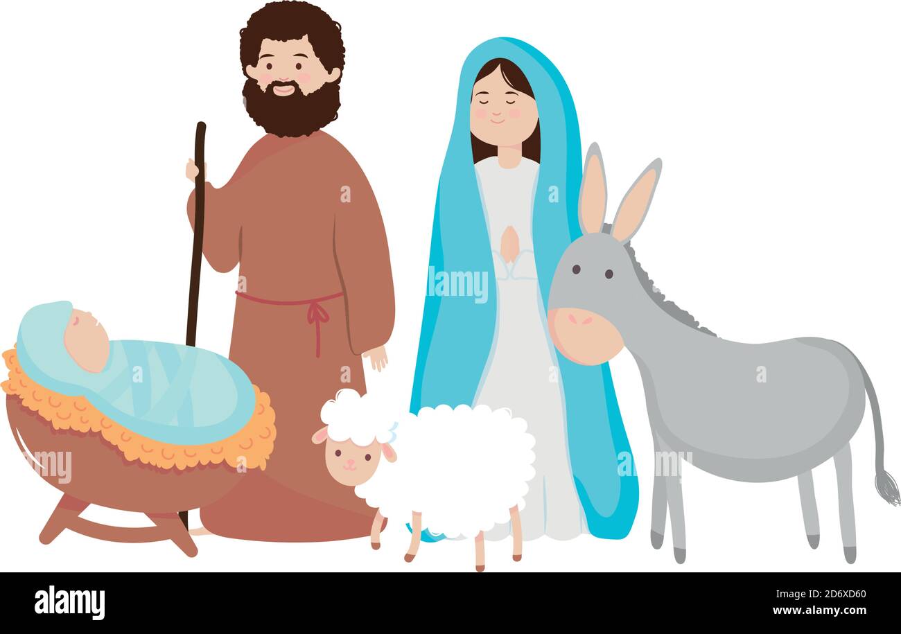 Nativity family with donkey and sheep over white background, flat style