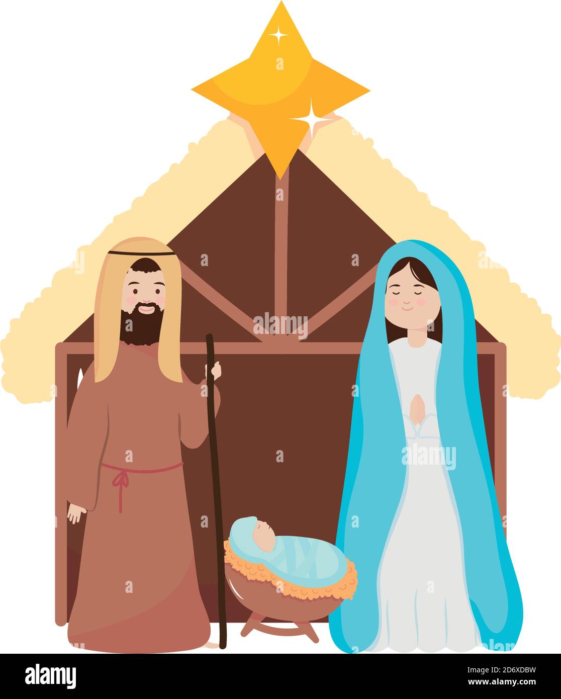 cartoon nativity manger scene icon over white background, flat style ...