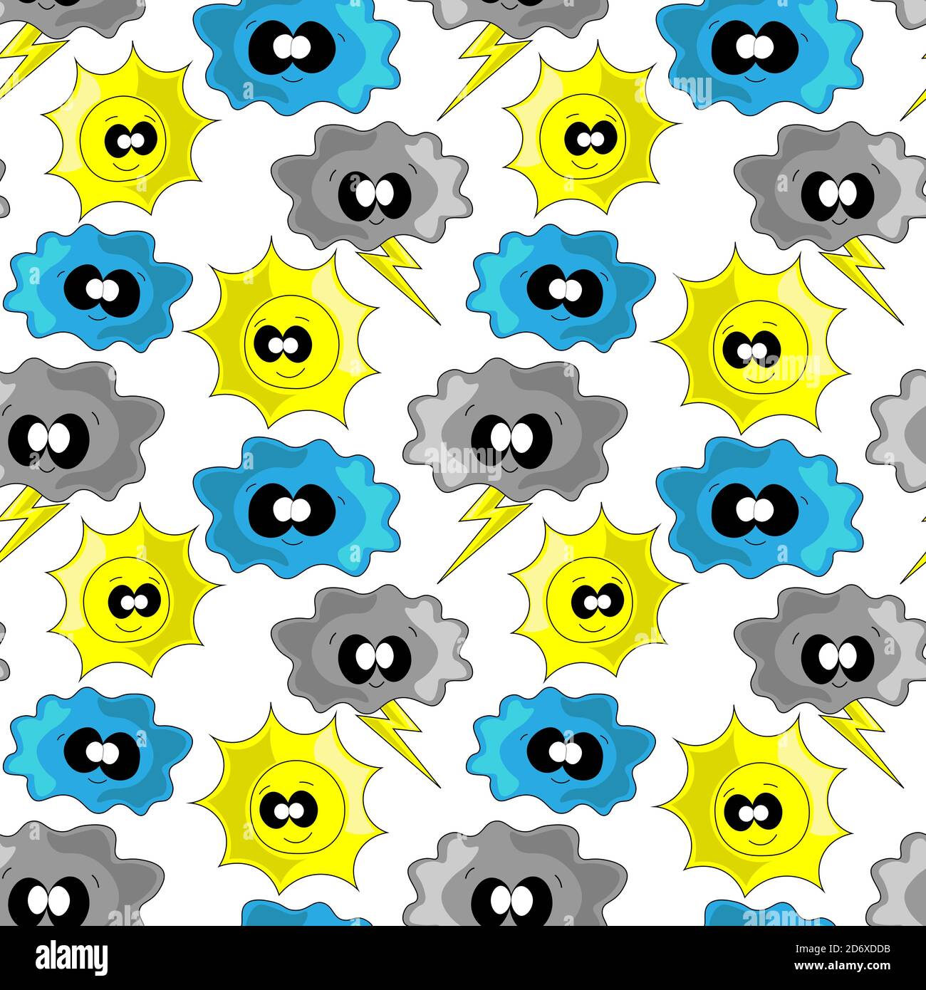 Seamless vector pattern with cartoon sun, cloud and lightning Stock ...