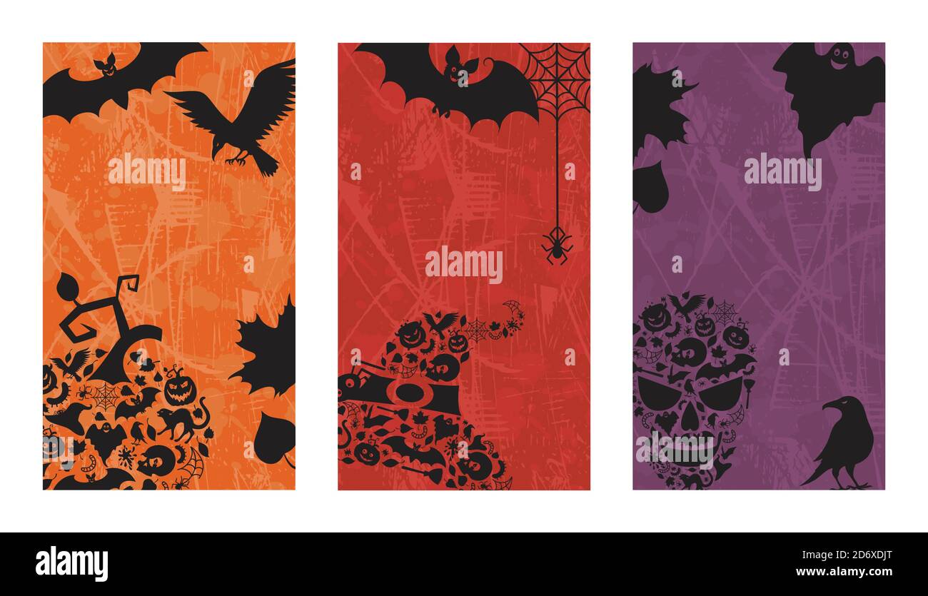 Three vertical backgrounds with halloween black details. Stock Vector