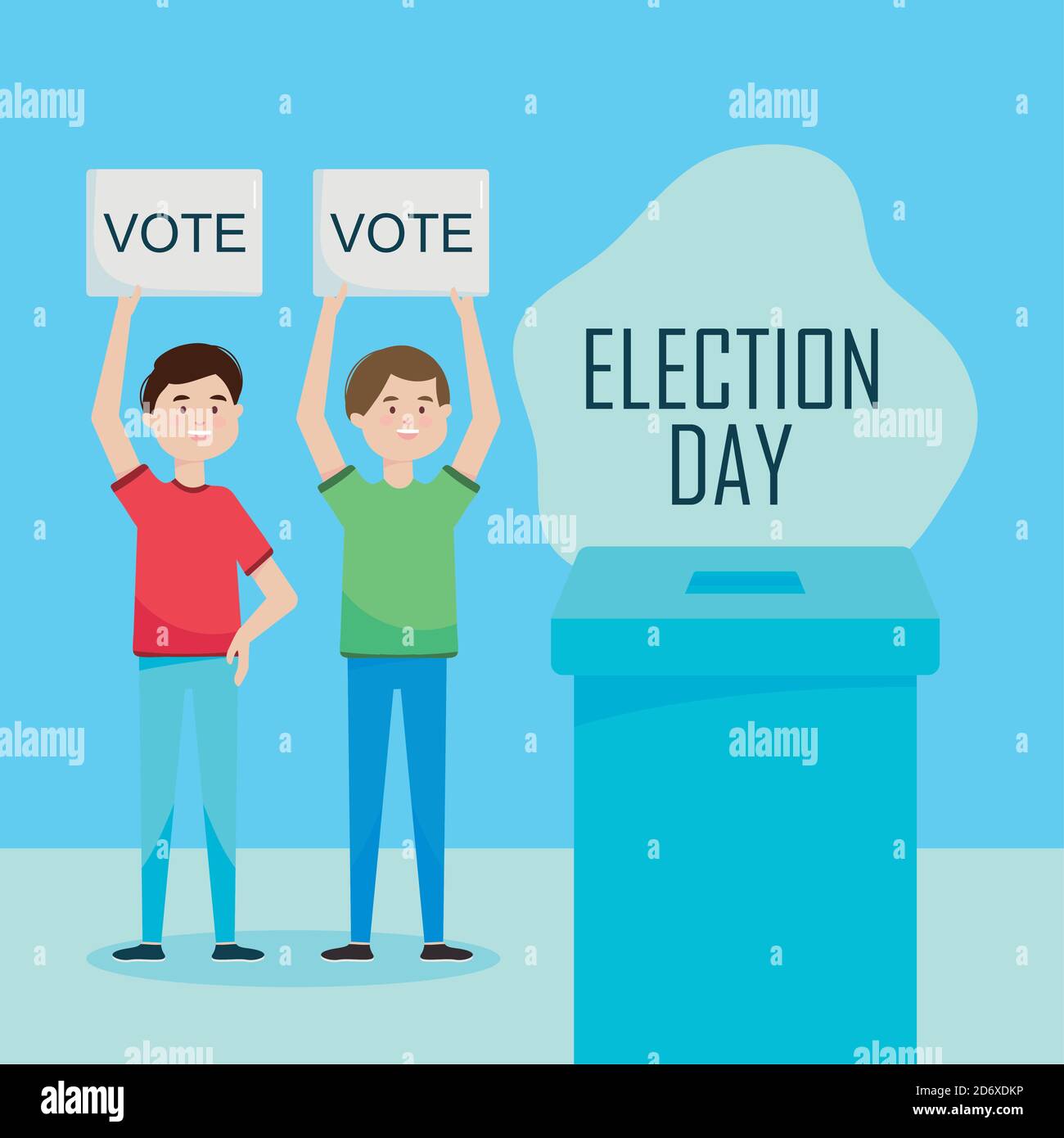 Election day design with cartoon men holding up a vote placards and ballot  box over blue background, vector illustration Stock Vector Image & Art -  Alamy