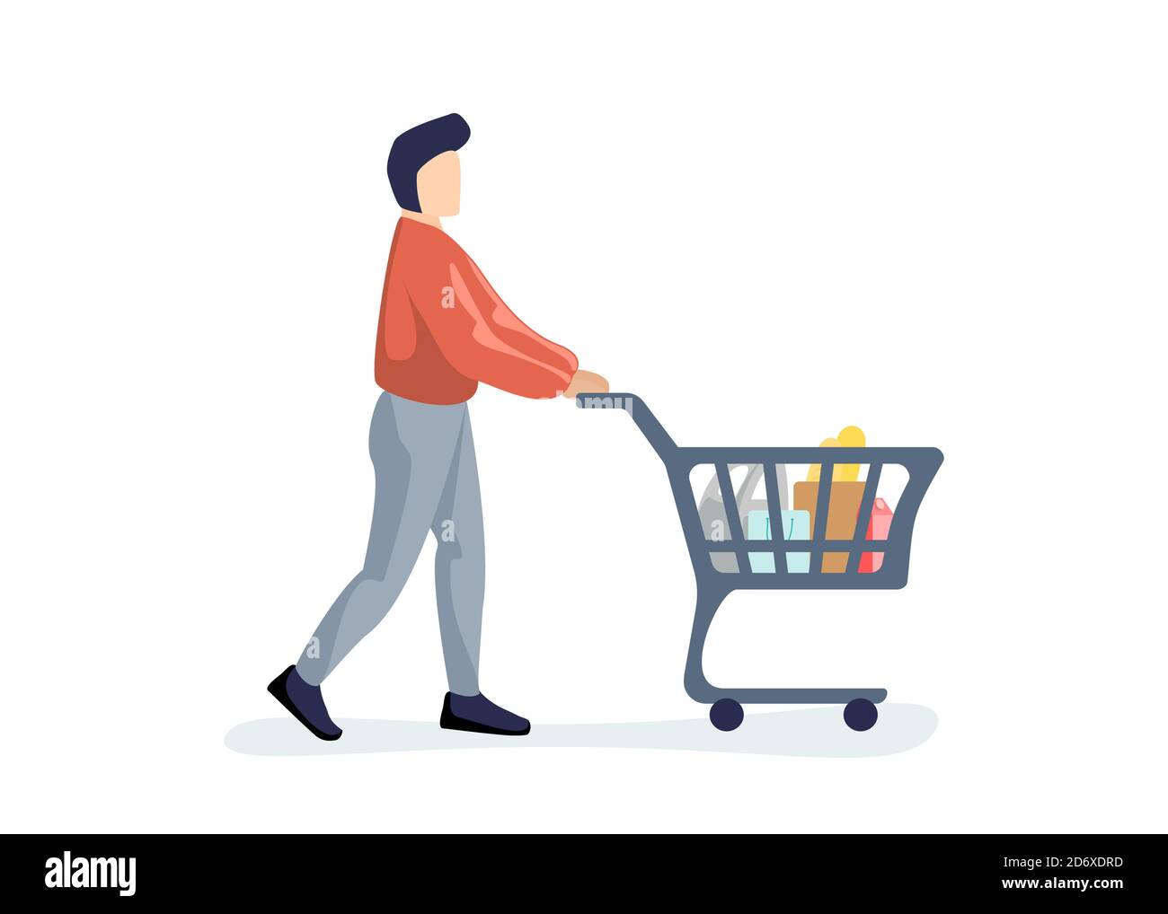 Young man purchaser carrying supermarket shopping cart full of groceries. Male buyer pushing grocery store basket. Customer with products vector eps illustration isolated Stock Vector