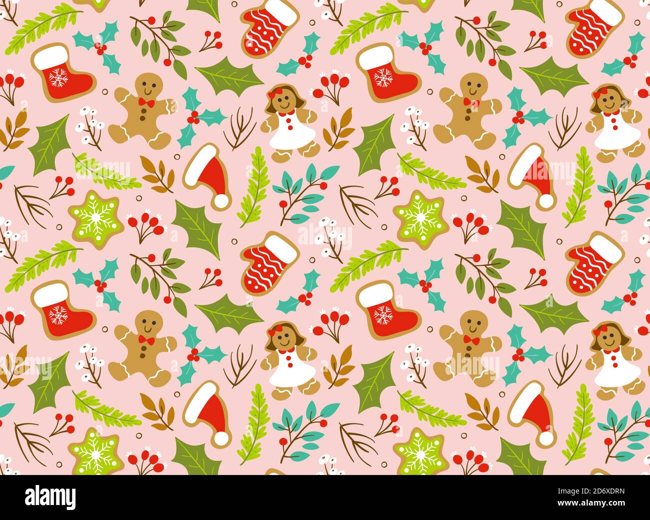 Christmas seamless pattern with seasonal leaves; branches and gingerbread cookies. Pink background. EPS 10 vector illustration. Stock Vector