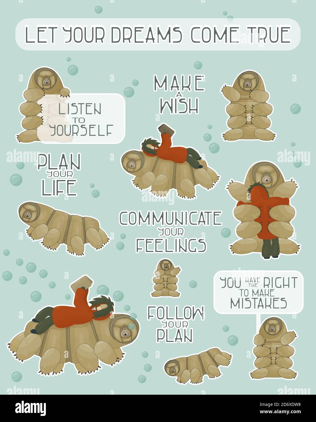 Set of brown tardigrades with reading human, different phrases from water bear. Let you dreams come true, let yourself make mistakes, make a wish, cre Stock Vector