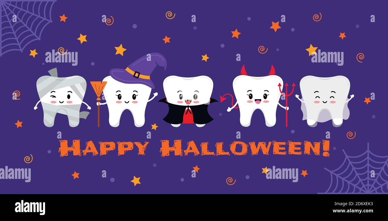 Teeth in carnival costume on dental Happy Halloween greeting card Stock