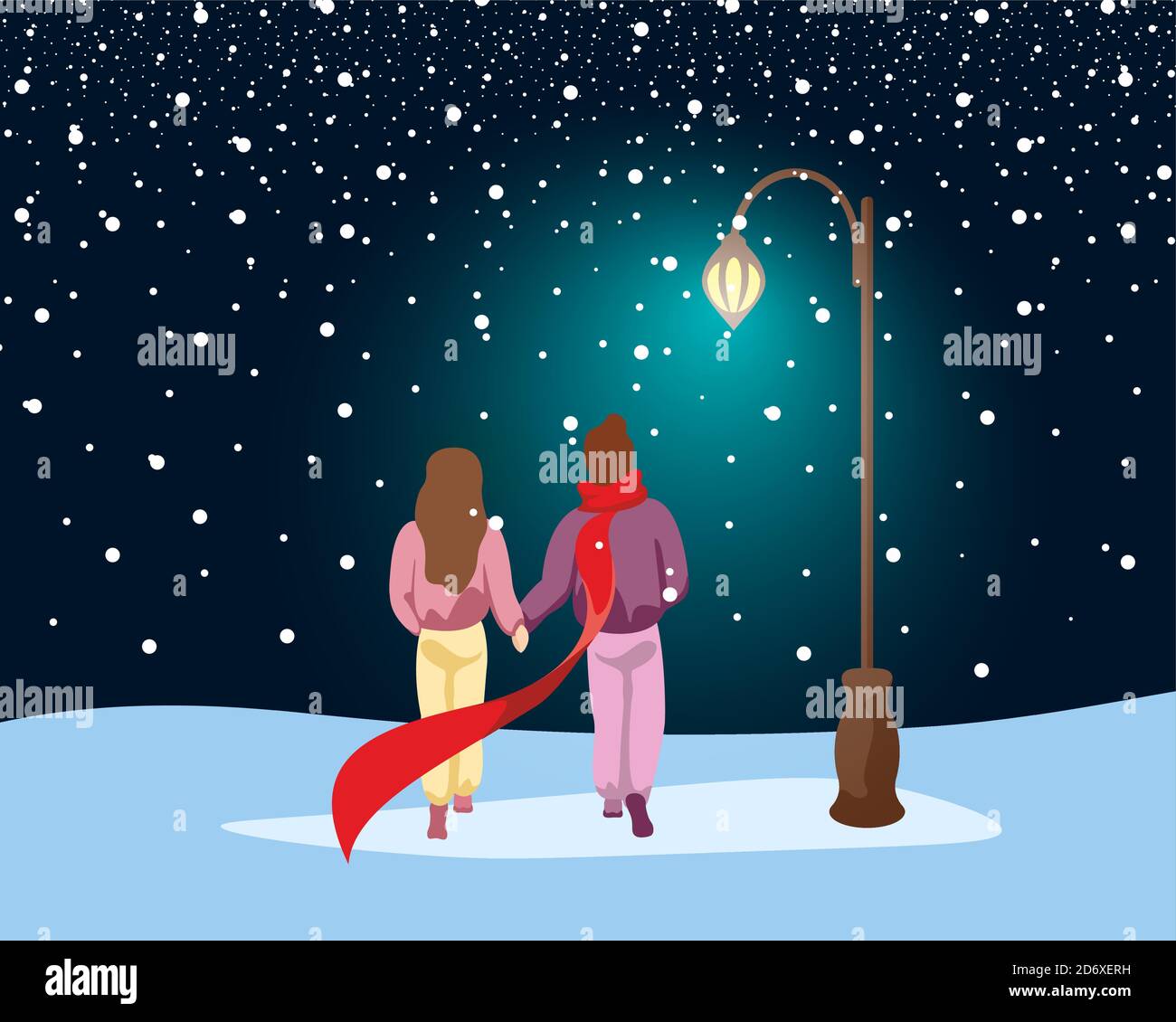 Couple in love walking in park under snow along path lit by street lantern. Male and female winter outdoors romantic evening under glowing lamp post. Human relationship concept vector eps illustration Stock Vector