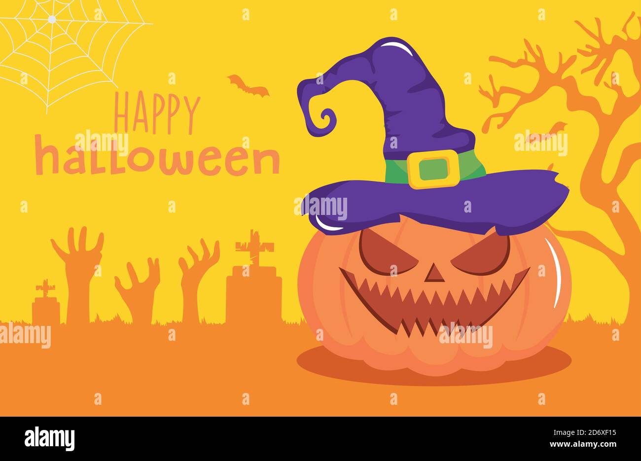 happy halloween design with scary pumpkin with witch hat over cemetery and  yellow background, colorful design, vector illustration Stock Vector Image  & Art - Alamy