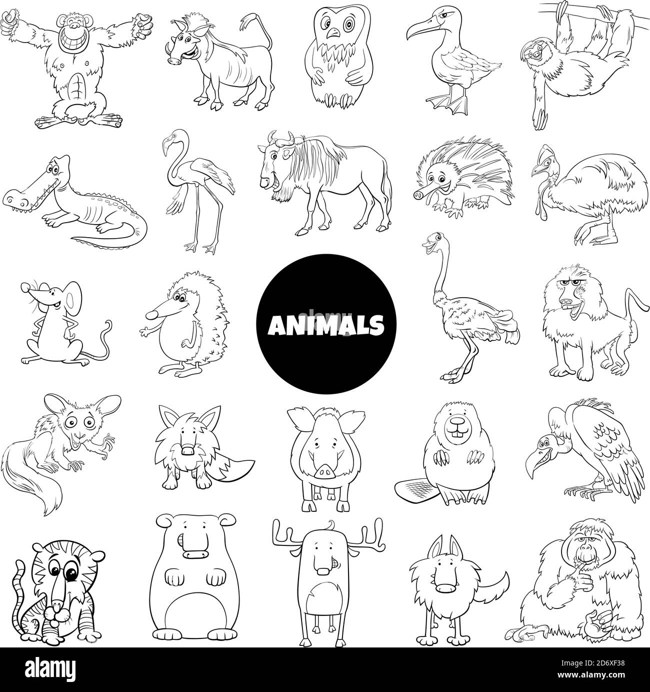 Black and White Cartoon Illustration of Funny Wild Animal Characters Big Set Stock Vector