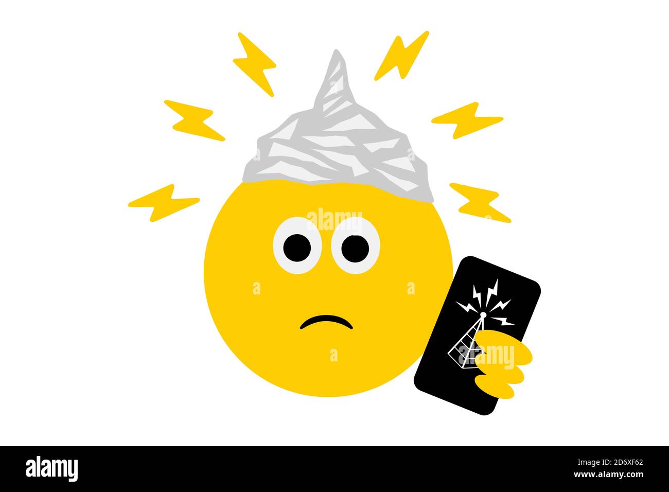 Emoji wearing tin foil hat, carrying phone with radio tower icon, conspiracy theory,  QAnon, G5, flat earth, cults concept illustration Stock Photo