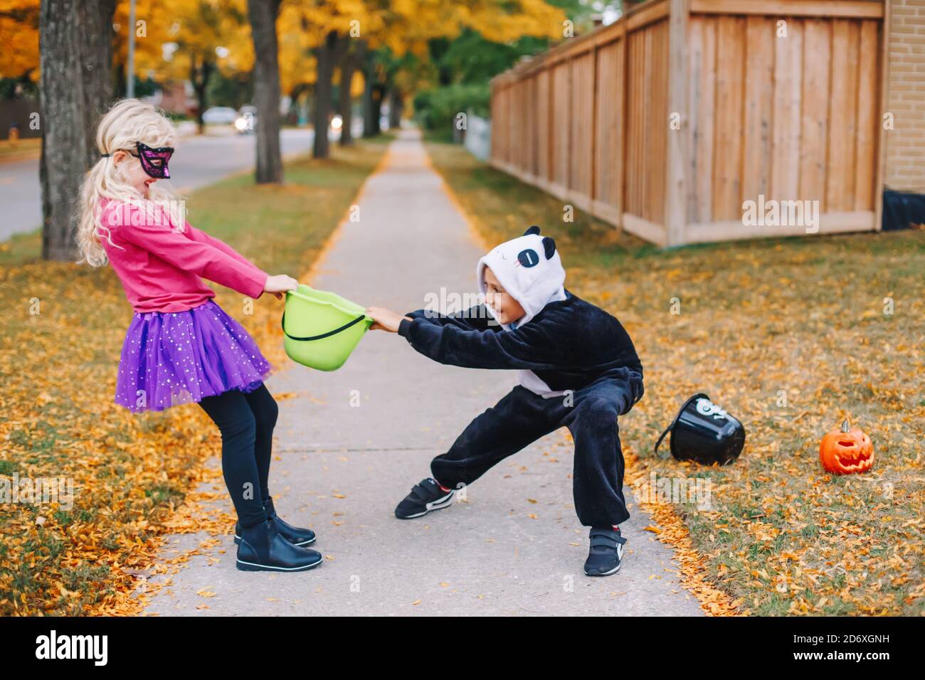Angry mad children fighting for basket. Funny trick or treat on Halloween holiday. Kids boy and girl friends in party costumes can not share holiday c Stock Photo