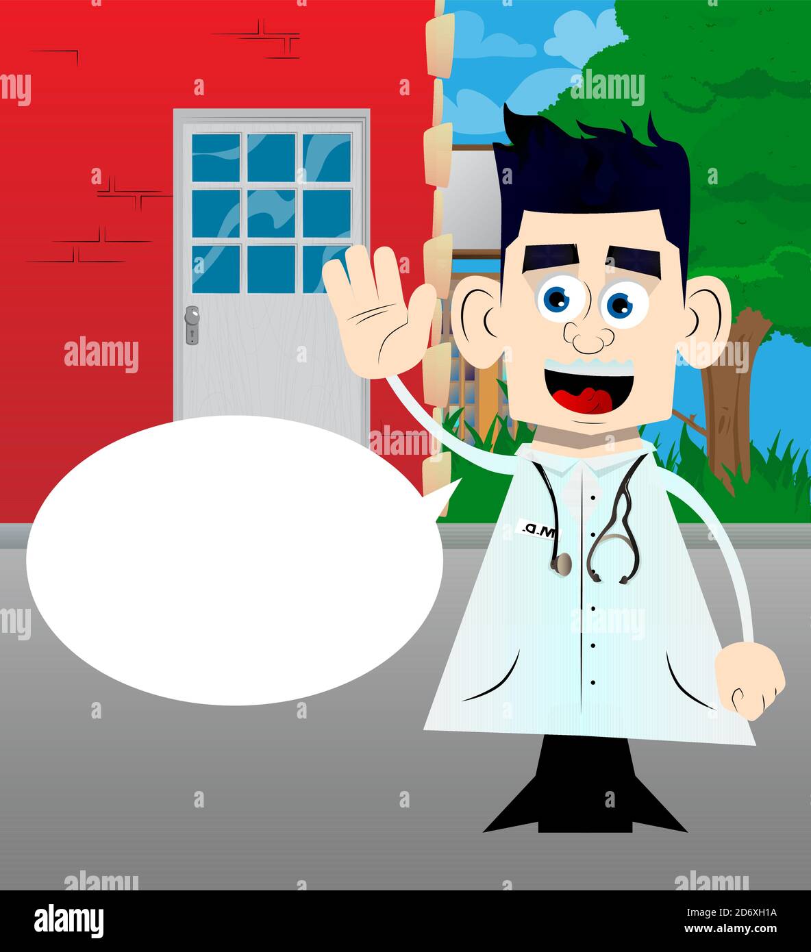 Funny cartoon doctor with waving hand. Vector illustration Stock Vector
