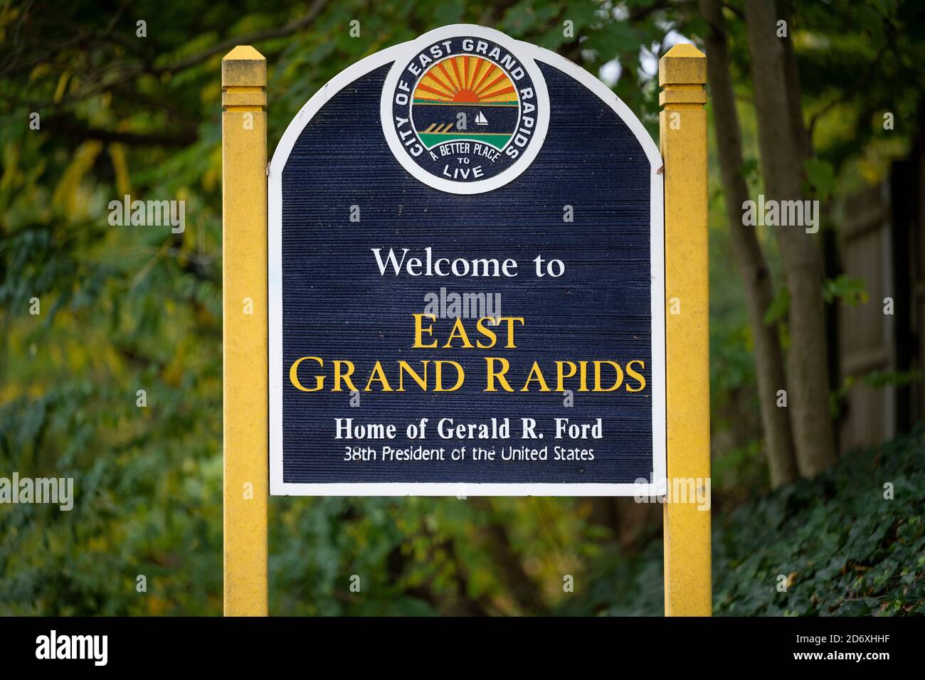 A sign marks the city boundaries of East Grand Rapids, Michigan, home of former US President Gerald R. Ford. Stock Photo