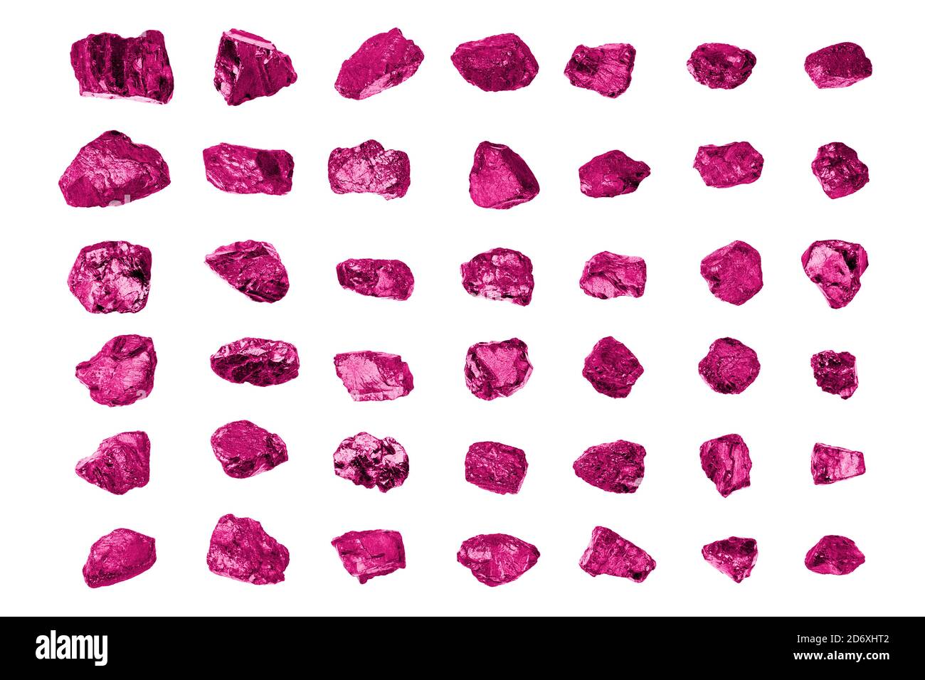 Pink gem stones white background isolated close up, raw gemstones, rocks, nuggets, mineral samples, amethyst, sapphire, topaz, spinel, tourmaline Stock Photo