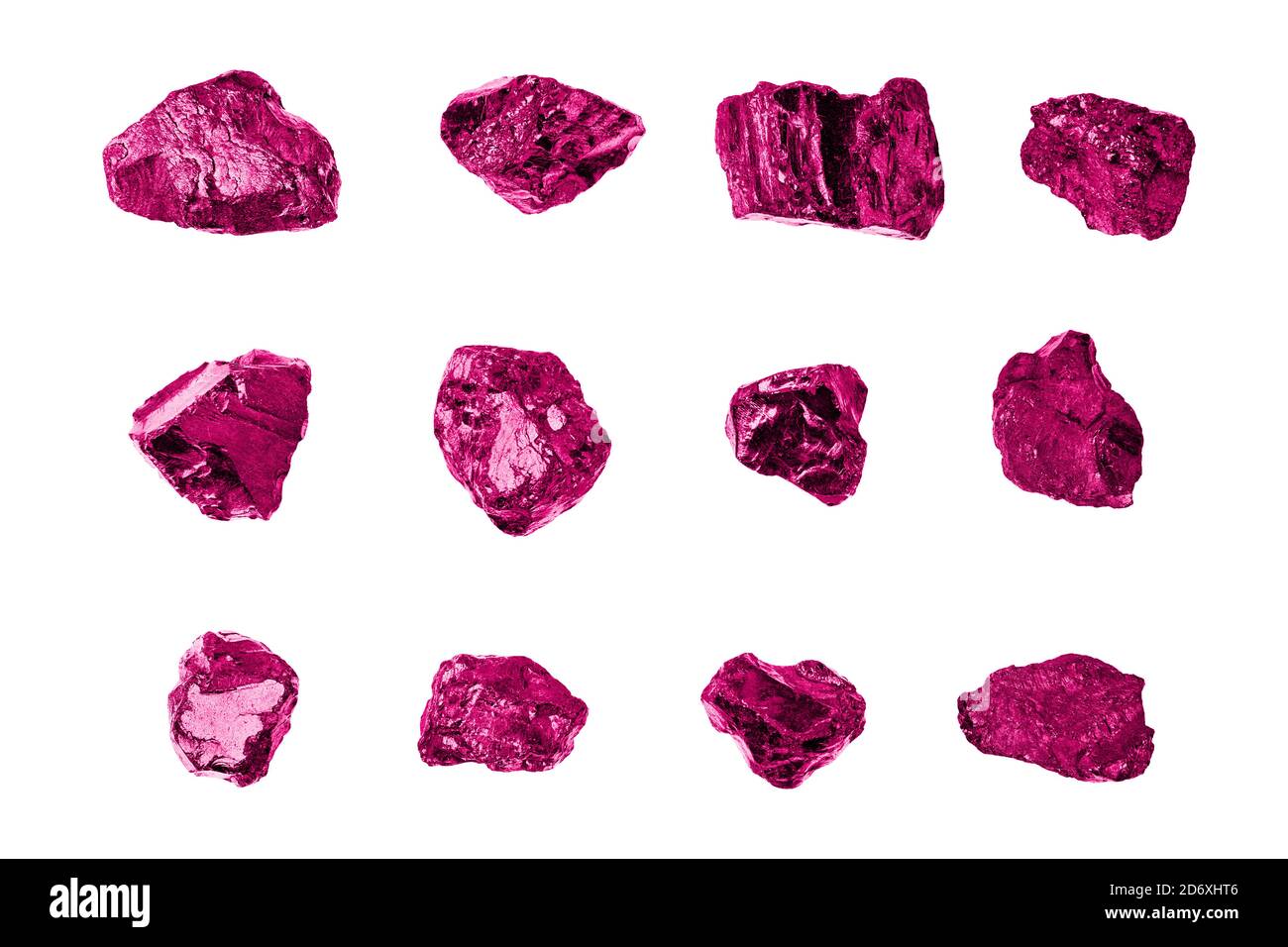 Pink gem stones white background isolated close up, raw gemstones, rocks, nuggets, mineral samples, amethyst, sapphire, topaz, spinel, tourmaline Stock Photo