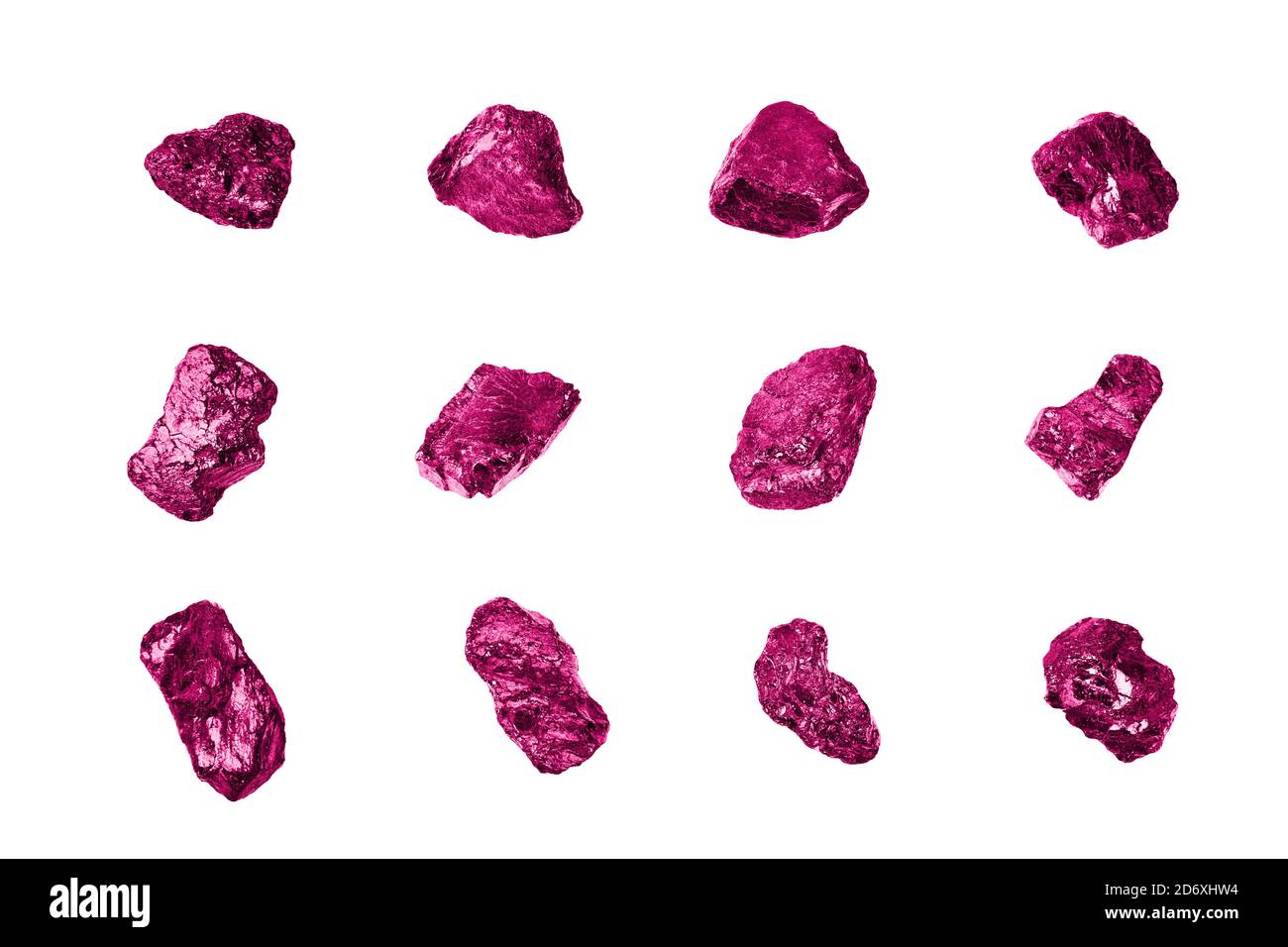 Pink gem stones white background isolated close up, raw gemstones, rocks, nuggets, mineral samples, amethyst, sapphire, topaz, spinel, tourmaline Stock Photo